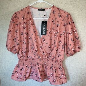 Pink Ditsy Floral Boohoo Puff Sleeve Top - Size Medium